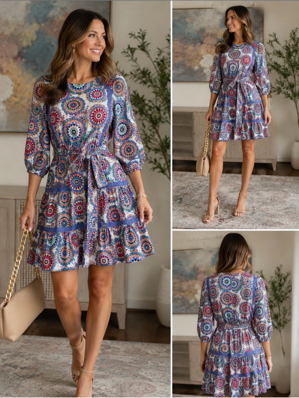 Joy Joy Multicolor Geometric Print Tiered Mini Dress Size XS